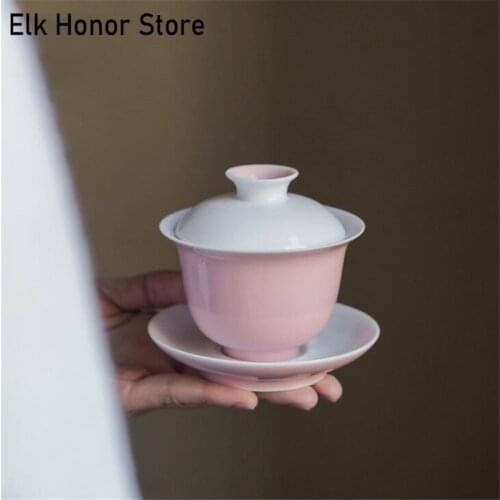160ML Exquisite Jade Porcelain Little Peach Pink Tea Bowl with Saucer Lid Kit Master Kung Fu Tea Set Japanese Tureen Women Gift