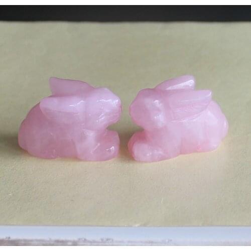 2pcs) Two Hand carved gemstone rose quartz rabbit bunny animal figurine animal carving