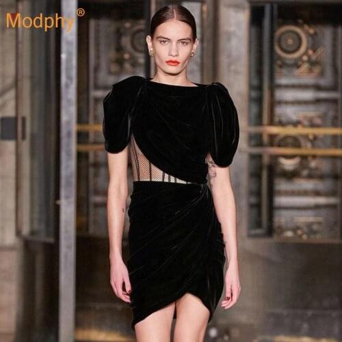 2021 Spring WomenS Black Velvet Bodycon Dress Sexy O-Neck Short-Sleeved Mesh Patchwork Celebrity Evening Party Dress Vestidos