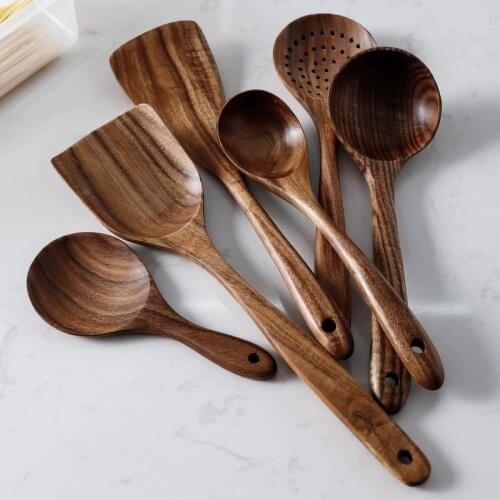 7 unids/set de teca de madera Natural vajilla cuchara Turner arroz colador de sopa Skimmer de cocina cuchara de cocina