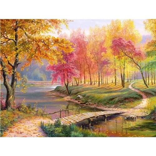 ARMYQZ5D diamond embroidery tree art rhinestone square round diamond square diamond diamond painting landscape mosaic bridge han