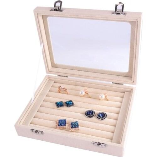 Velvet Glass Ring Earring Jewelry Display Organizer Box Tray Holder Storage Case