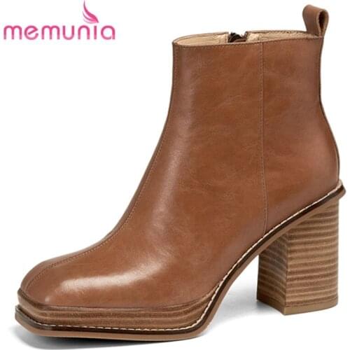 MEMUNIA Genuine Leather Boots Thick Heels Platform Ankle Boots Hand Made Retro Female Boots Winter High Quality Fashion Boots