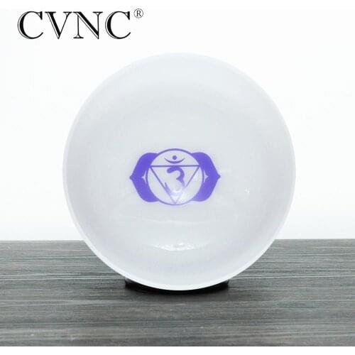 CVNC 8" Chakra Design Pattern Energy Note A Third eye Frosted Quartz Crystal Singing Bowl for Meditations