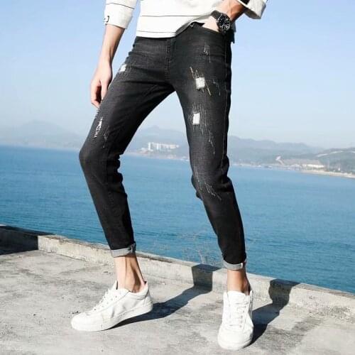 Denim Jeans mens brand 2021 spring feet Korean casual all-match student hip hop street ripped teenager pencil pants