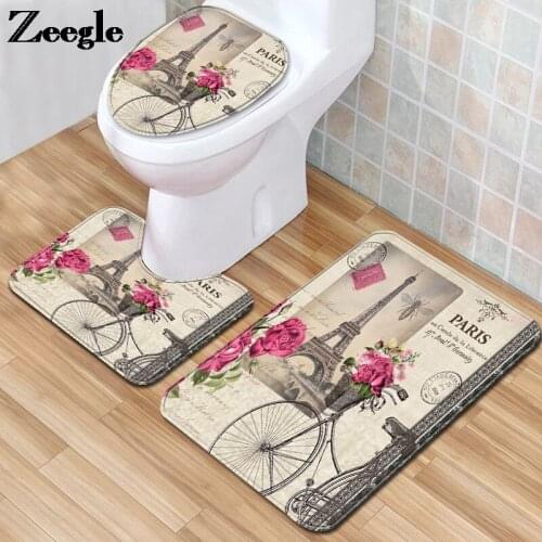 Floral Printed Bath Mat Flannel Bathroom Floor Rug Absorbent U-Shaped Toilet Rug Home Decor Toilet Mat Anti-slip Floor Carpet