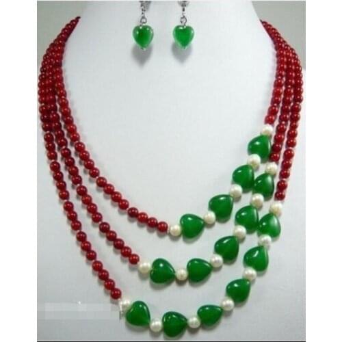 Beautiful Jewelry 3Row 6mm Red Coral& Green Jade Necklace Earring set Natural jewelry