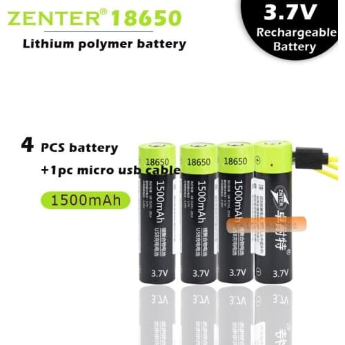 4PCS 1500MAH Lipo lithium polymer ZNTER battery 3.7V 18650 rechargeable cell + 1pcs USB cable for flashlight powerbank