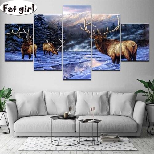 5pcs diamond painting full Drill square round Elk herd in the snow Cross stitch kit Embroidery Handmade hobby mosaic Home decor