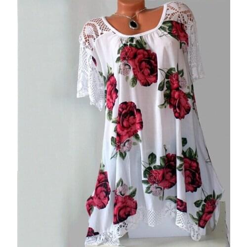 2020 new Womens Fashion Oversize Lace Patchwork Floral Print Short Sleeve Casual Asymmetrical A Line Cotton Tunic Blouse S-5XL