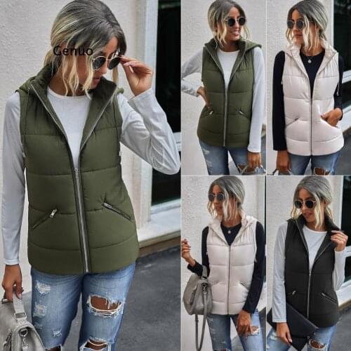 Autumn Winter Sleeveless Hooded Vests Women Zipper Pocket Decor Keep Warm Thick Casual Slim Padded Jacket Streetwear Femme