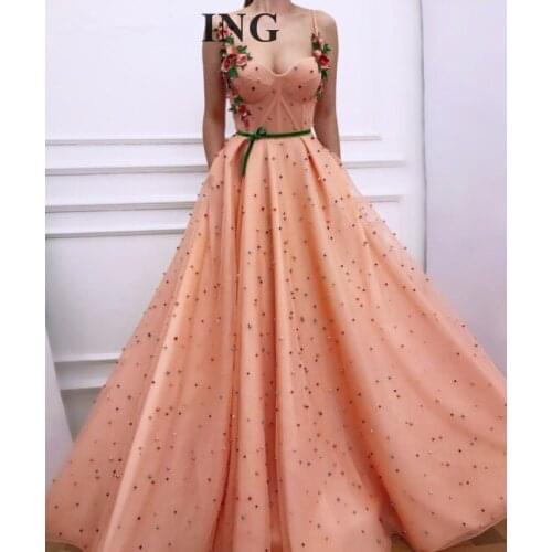 Peach Muslim Evening Dresses A-line Sweetheart Tulle Pearls Flowers Islamic Dubai Saudi Arabic Long Formal Evening Gown