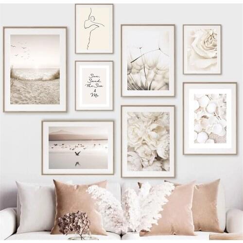 Beach Shell Birds Landscape Poster Painting Peony Flower Dandelion Canvas Print Line Wall Art Pictures Nordic Living Room Decor