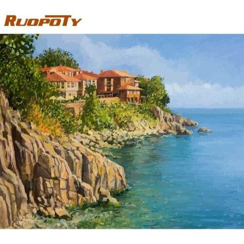 RUOPOTY Houses On The Coast Diy Painting By Numbers Wall Decoration Modern Hand Painted On Canvas Acrylic Picture Arts