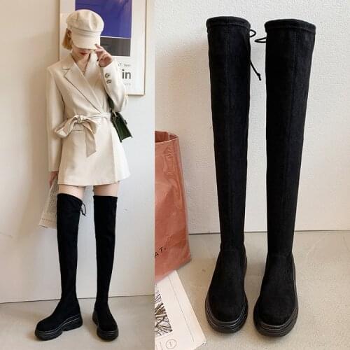 Over The Knee Boots Women Flat Shoes Black Winter Long Boots Casual Lace Up Platform Shoes For Women Sock Boots Sexy High Heels