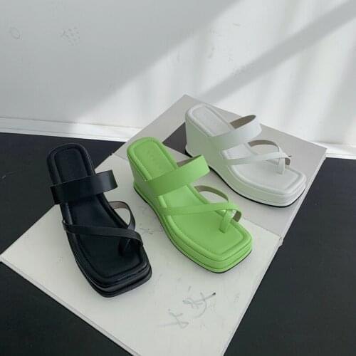 2021 New Brand Platform Slippers Leather Women Sandal Open Toe Casual Slides Summer Outdoor Beach Female Flip Flops Wedges Heel