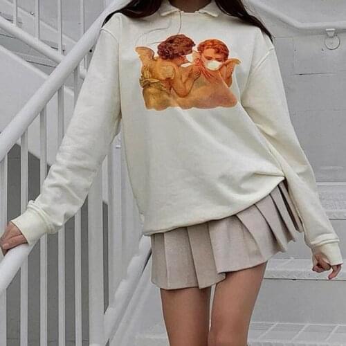 Apricot Angel Print Crewneck Sweatshirt Women Long Sleeve Loose Pullovers Clothes for Teens Thin Fall Winter French Streetwear