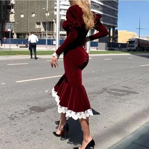 Burgundy Velvet Tea Length Cocktail Dress Lace Edge Sexy Deep V Neck Long Sleeves Women Long Prom Dresses Plus Size Party Gowns