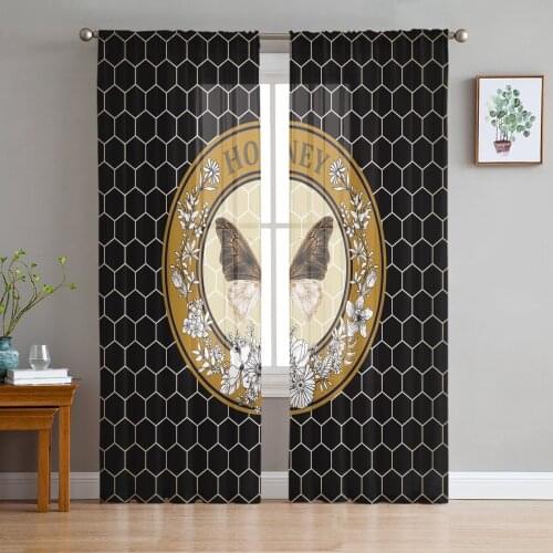 Butterfly Flower Honeycomb Black Round Retro Honey Voile Tulle Sheer Curtains for Bedroom Living Room Kitchen Decor Curtain