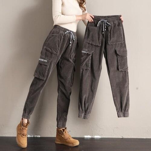 Corduroy pants Womens loose pocket harem pants corduroy pants Womens autumn new beam feet high waist casual trousers Female
