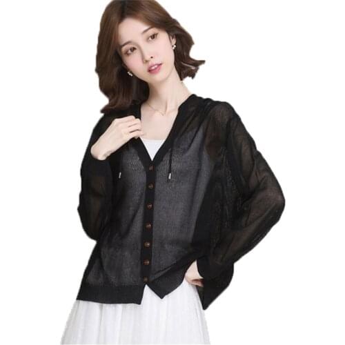 Knitted Womens Jacket New Summer Ladies Sun Protection Clothing Hooded Knitt Coat Cardigan Outwear Tops Female Large Size 4XL