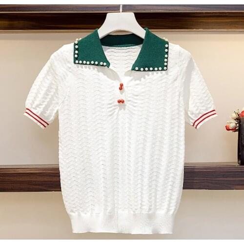 Summer Short Sleeve Knitted Tshirt Women Korean Fashion Beading Tops Turn Down Collar Hollow Out T Shirts Casual Knit Tee Shirt