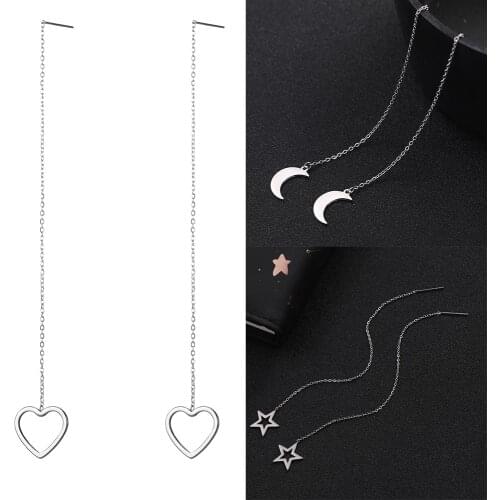 Sipuris Korean Moon Star Threader Earrings Women Stainless Steel Linear Earrings Jewelry Long Line Chain Heart Drop Earring