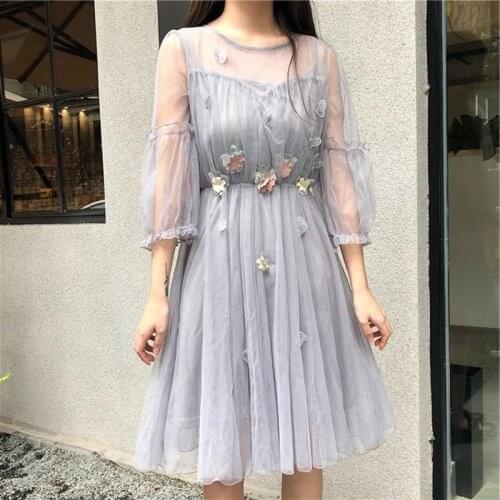 O-Neck Long-Sleeve Party Dresses Women Sweet Mesh Streetwear Dress Female new Summer Lace Dress Vestidos