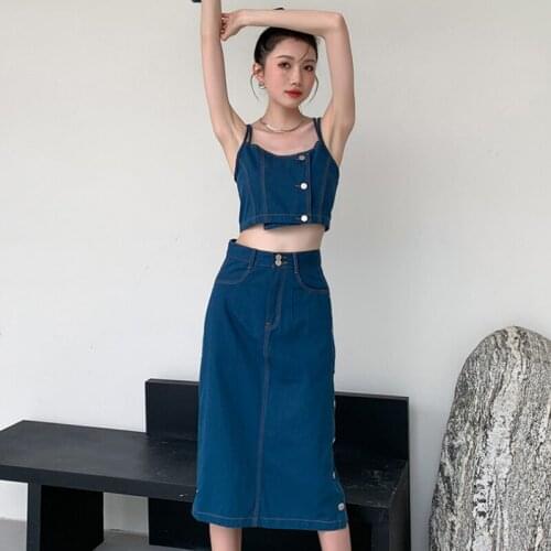Women Summer New Elegant Two Piece Set Retro Diagonal Buckle Vest Tops + Blue Denim Button Skirt Suits