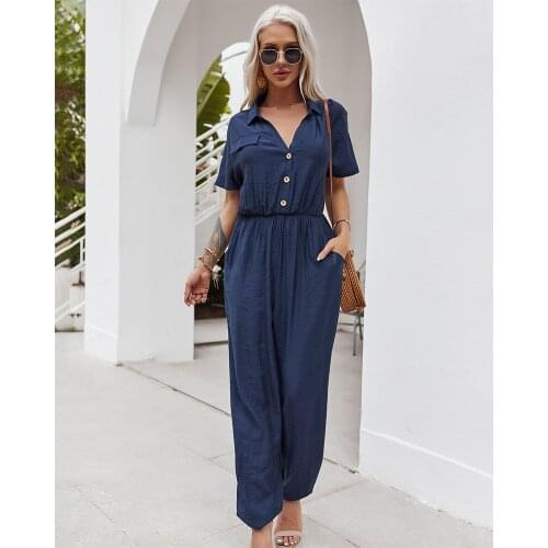 2021 Woman Bohemian Jumpsuits Sexy V Neck Streetwear Blue Yellow Solid Colors Short Sleeve Jumpsuits Plus Size Aesthetic Clothes