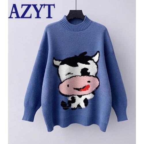 AZYT 2021 Autumn Winter New Pullovers Womens Sweater Cute Cartoon Print Mock Neck Sweater Jumpers Female Loose Soft Knitwear