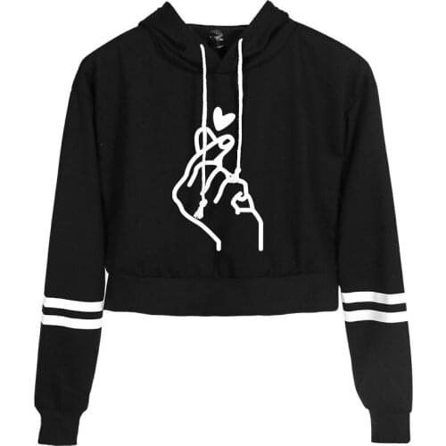 Popular Sweet Cute Finger Heart Love You Cropped Sweatshirt Spring Autumn Long Sleeve Women Hoody Hoodies Outerwears with Hat