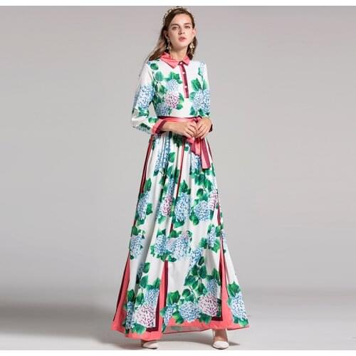 New designers fashion autumn Maxi dress Womens long-sleeved Turn-down Collar buttons Flowers/green leaf print Casual long dress
