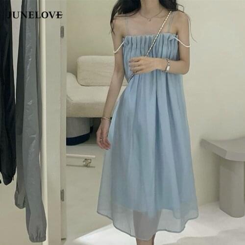 JuneLove Suspender Dress Womens New Summer 2021 Sexy Midi Dress Cute Mesh Pearl Camisole Dress Vintage Sexy Beach Holiday Dress