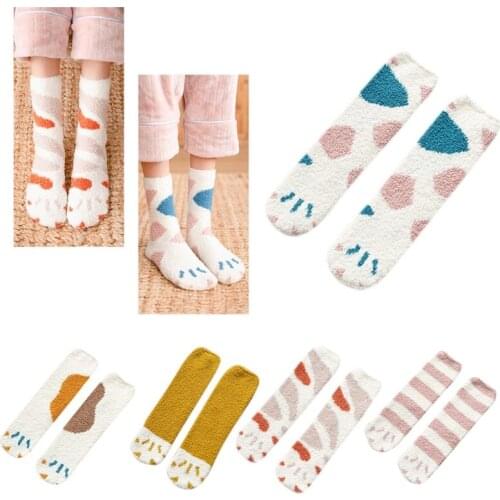 Women Girls Winter Coral Velvet Slipper Home Socks Cartoon Cat Paw Claw Pattern Fuzzy Fluffy Cozy Warm Floor Sleeping Hosiery