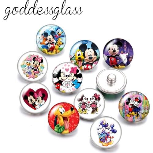 Disney Mickey Minnie and Friends Donald Daisy Goofy 10pcs Round photo glass 18mm snap buttons for 18mm snap bracelets jewelry