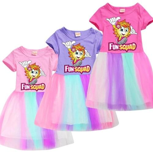 FunSquad Children Girls Rainbow Lace Dress 2021 Cotton Summer Girl Elegant Vestidos Para School Kids Dresses 4 6 8 10 12 Years