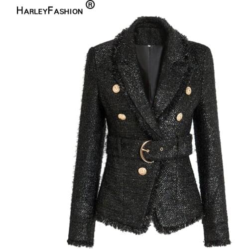 HarleyFashion European Spring Fall Vintage High-Luxury Solid Color Tweed Tassel Blazer Lace-Up Personality Slim Female Jacket
