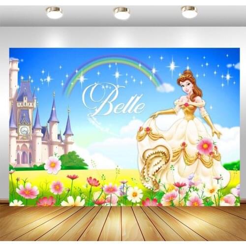 Customized Princess Belle Backdrop Cainbow Castle Girls Birthday Party Photo Background Baby Shower Photocall Prop Decor Banner