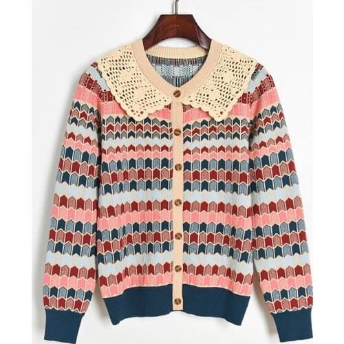 2020 Autumn Cardigan Women Knitted Coat Turn Down Collar Plaid Jacquard Sweater Cardigans Cute Knitwear Coat Rebeca de mujer