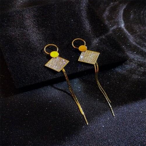 Classic Full Geometric Square Rhombus Crystal Rhinestone Zircon Stud Earrings Long Tassel Metal Chain Earrings Wedding Jewelry