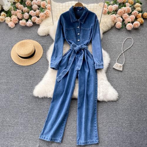 SINGREINY Autumn Women Denim Rompers Retro Turndown-Collar Sashes Solid Office Jumpsuits Fashion Korean Streetwear Long Rompers