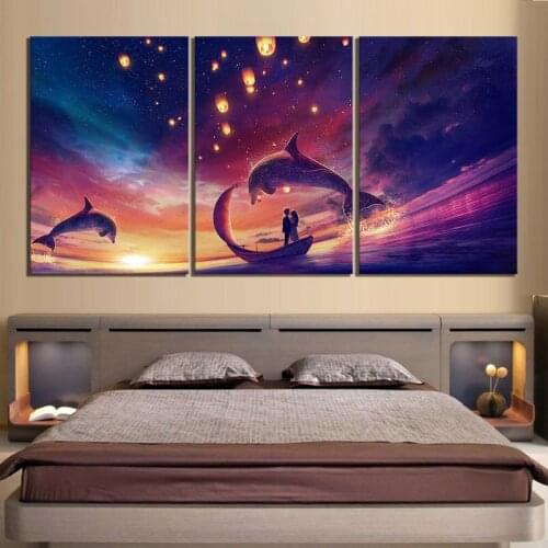 3 Pieces Dolphin Sunset Landscape Canvas Painting Modern Print Poster Modular Wall Art Pictures for Living Room Home Decor