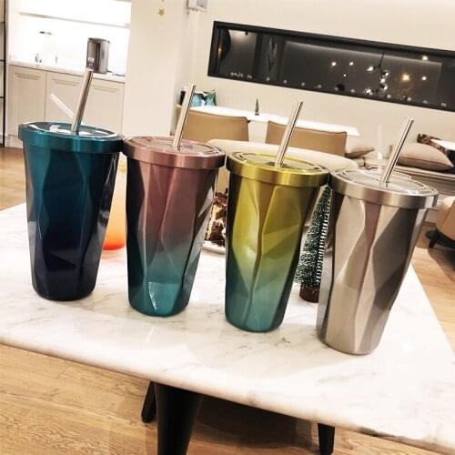 Creative irregular crumpled paper shape stainless steel coffee cup Personality Color gradient drink cup straws