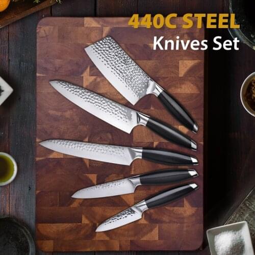 Hot Sales Kitchen Knives Set 440C Stainless Steel 5pcs Knife Santoku Slicing Cleaver Cutter Paring Fruit Knife Cook Knives Tool