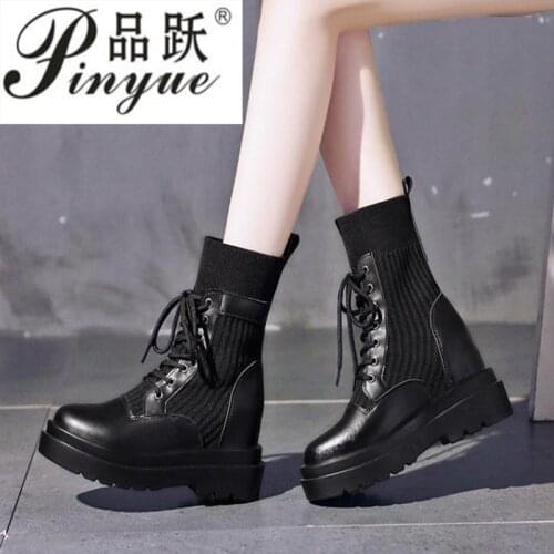 Net red boots knit socks boots women thick heel short boots British style black handsome thick-soled motorcycle boots