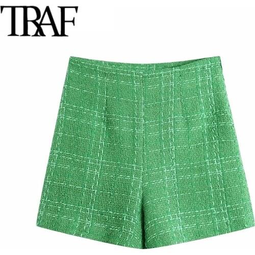 TRAF Women Chic Fashion With Lining Tweed Shorts Vintage High Waist Back Zipper Female Short Pants Mujer
