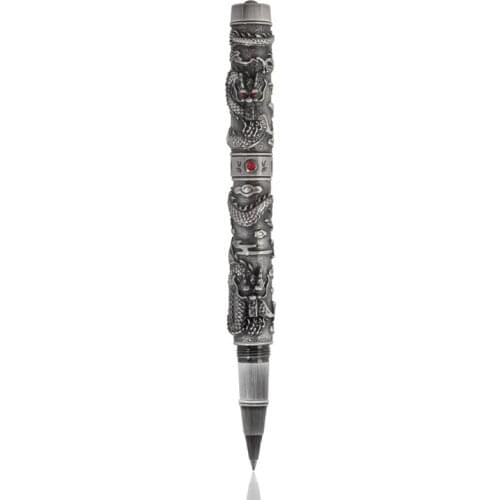 Jinhao Ancient Rollerball Pen Double Dragon Playing Pearl Gray Metal Carving Embossing Heavy Pen For Best Stationery