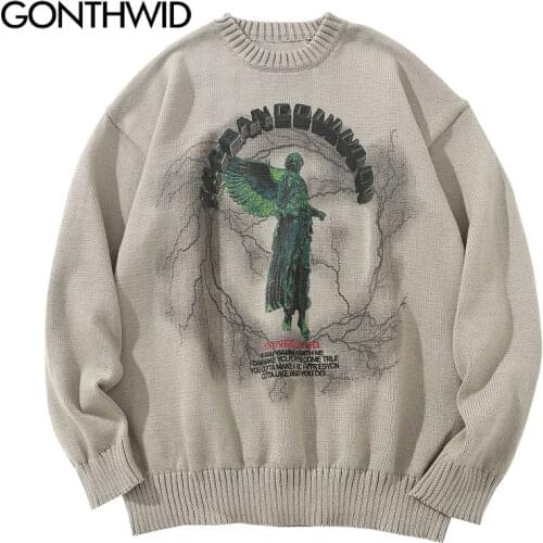 GONTHWID Knitted Sweaters Hip Hop Lightning 3D Angel Statue Print Pullover Sweater Streetwear Hip Hop Fashion Casual Loose Tops