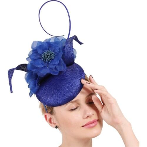 Amazing 4-Layer Sinamay Prom Occasion Fascinators Accessories Royal Blue Hats Nice Flower Headpiece Female Headwear High Quality